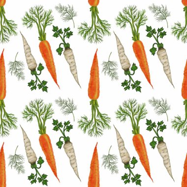 Turuncu havuç, beyaz maydanoz, yeşil yapraklı üst ve maydanoz gibi sebzelerden oluşan pürüzsüz bir desen. Tasarım canlı ve tekstil veya duvar kağıdı için uygundur..