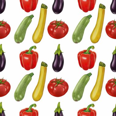 Beyaz arka planda kırmızı dolma biber, sarı kabak, yeşil kabak ve mor patlıcan içeren renksiz bir desen..