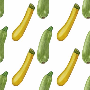 Beyaz arka planda sarı ve yeşil kabakların el çizimi resimlerini içeren kusursuz bir desen. Kabaklar, farklı şekil ve renklerini gösteren tekrarlayan bir dizayn ile düzenlenir..