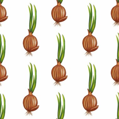 Beyaz arka planda yeşil tepeli kahverengi soğan içeren pürüzsüz bir desen. Soğanlar gerçekçi bir şekilde resmedilmiş, yuvarlak şekillerini ve köklerini sergiliyorlar..