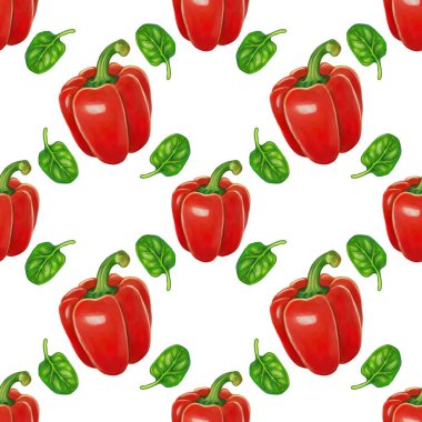 Beyaz arka planda canlı kırmızı dolma biber ve yeşil ıspanak yapraklarından oluşan pürüzsüz bir desen. Tasarım rengarenk ve taze, besinlerle ilgili konular için ideal..