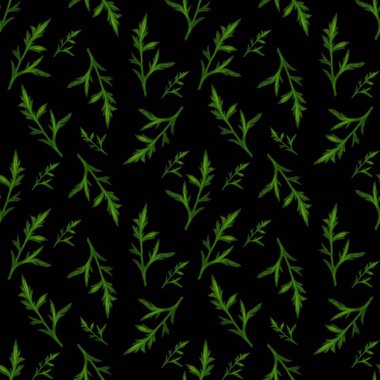 Siyah bir zemin üzerinde çeşitli yeşil yapraklar ve dallardan oluşan pürüzsüz bir desen. Tasarım yaprak şekilleri ve boyutlarının bir karışımını sergiliyor, doğal bir görünüm yaratıyor..