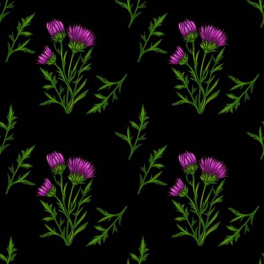 Siyah arka planda mor çiçekler ve yeşil yapraklardan oluşan pürüzsüz bir desen, canlı ve doğal bir tasarım yaratıyor..