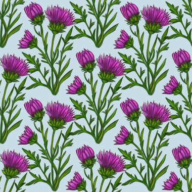 Kusursuz bir suluboya devedikeni deseninde yeşil saplı ve pastel mavi arka planda yaprakları olan canlı mor çiçekler var..