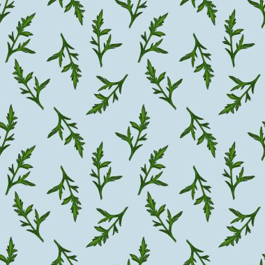 Yeşil yaprakları içeren dikişsiz bir suluboya desen karmaşık bir şekilde tasarlanmış ve pastel mavi arka planda çeşitli şekillerde sergilenmektedir..