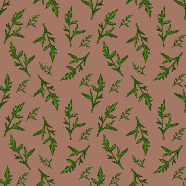 Mocha Mousse arka planında çeşitli yeşil yapraklar ve dallar içeren pürüzsüz bir desen. Tasarım yaprak şekilleri ve boyutlarının bir karışımını sergiliyor, doğal bir görünüm yaratıyor..