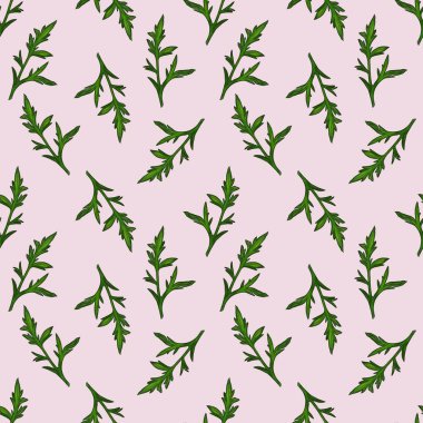 Yeşil yaprakları içeren dikişsiz bir suluboya desen karmaşık bir şekilde tasarlanmış ve pastel pembe arka planda çeşitli şekillerde sergilenmektedir..