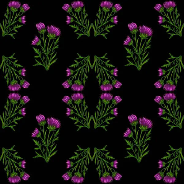 Siyah arkaplanda yeşil yapraklı mor devedikeni desenli bir suluboya deseni..