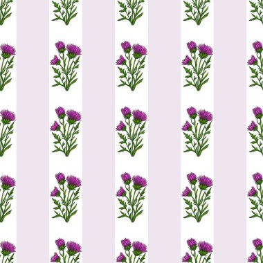 Açık çizgili arka planda yeşil yapraklı canlı mor devedikeni çiçekleri içeren pürüzsüz bir desen..