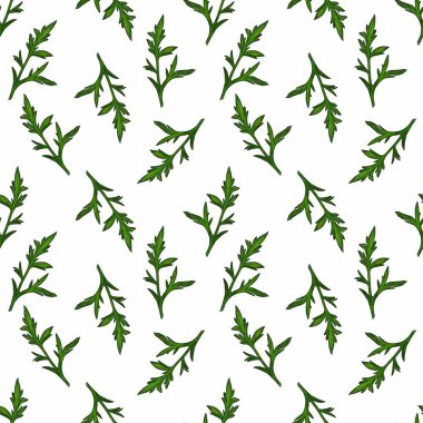 Yeşil yaprakları içeren dikişsiz bir suluboya desen karmaşık bir şekilde tasarlanmış ve beyaz arka planda çeşitli şekillerde sergilenmektedir..