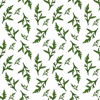 Beyaz arka planda çeşitli yeşil yapraklar ve dallardan oluşan kusursuz bir desen. Tasarım yaprak şekilleri ve boyutlarının bir karışımını sergiliyor, doğal bir görünüm yaratıyor..