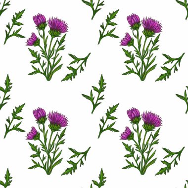 Beyaz arka planda mor çiçekler ve yeşil yapraklardan oluşan kusursuz bir desen, canlı ve doğal bir tasarım yaratıyor..