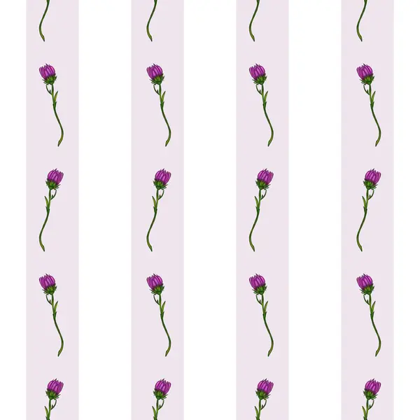 Açık lavanta zemin üzerinde yeşil saplı mor çiçeklerin dikey çizgilerle sıralandığı kusursuz bir desen..