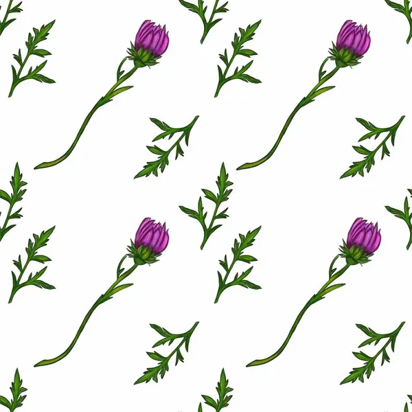 Mor çiçekleri içeren pürüzsüz bir desen, beyaz arka planda çeşitli yaprak şekilleriyle çevrelenmiş hassas bir görünümle biçimlendirilir..