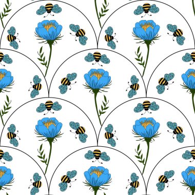 Sarı merkezli ve yeşil yapraklı mavi stilize çiçeklerin yanı sıra vızıldayan arıların da yansıyan kemer şeklinde beyaz bir arka planı olan kusursuz bir vektör deseni..