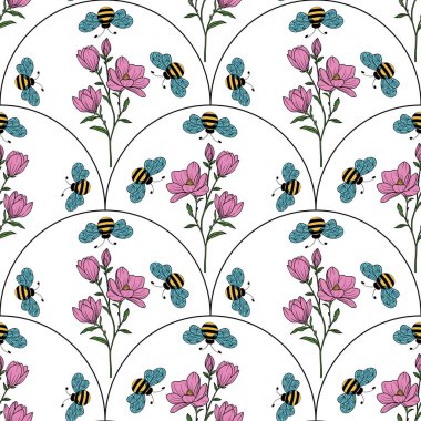 Beyaz bir arka planda pembe manolya çiçekleri ve mavi arılardan oluşan pürüzsüz bir desen. Dekoratif kemer tasarımında düzenlenmiş..