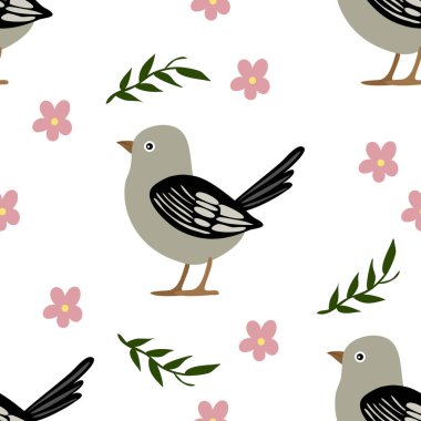 Beyaz arka planda çizgi film tarzı kuşlar, yeşil yapraklar ve pembe çiçeklerden oluşan garip bir vektör deseni. Kuşlar siyah kanatlı ve açık gri gövdeli..