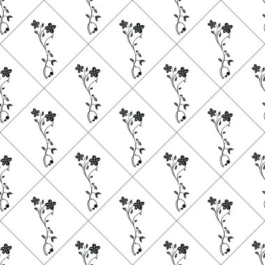 Zarif çiçek desenleri içeren kusursuz bir vektör deseni. Küçük çiçekler ve yapraklar elmas bir düzende dizilmiş. Tasarım tek renkli, çiçeklerin karmaşık detaylarını vurguluyor..