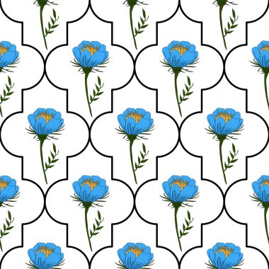 Sarı merkezli ve yeşil yapraklı mavi çiçekleri içeren pürüzsüz bir vektör deseni var. Beyaz arkaplanda siyah çizgiler ile doğu desenli şekillerde sıralanmış..