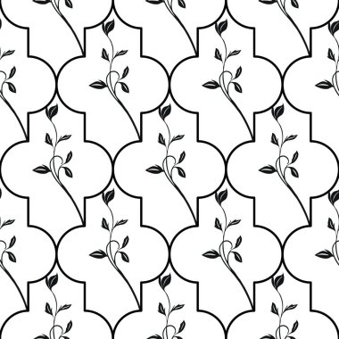 Beyaz arkaplanda yaprakları olan zarif siyah sarmaşıklar içeren, doğu desenli, pürüzsüz bir desen..