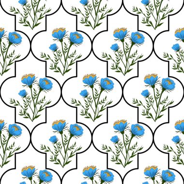 Beyaz arkaplanda doğu desenli düzenlenmiş sarı merkezli mavi çiçekleri içeren pürüzsüz bir çiçek deseni..