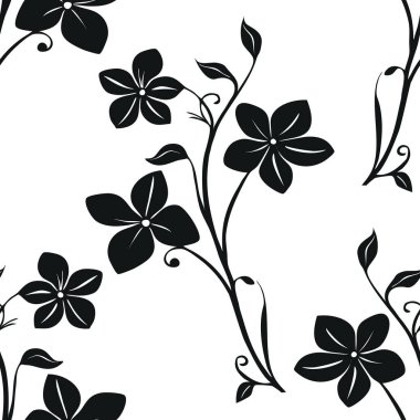 Beyaz arka planda siyah çiçekli desenler içeren kusursuz bir vektör deseni. Şablon çeşitli şekillendirilmiş çiçek ve yaprakları içeriyor, hassas ve zarif bir görünüm yaratıyor..