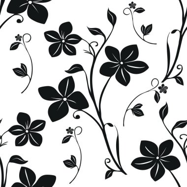 Beyaz arka planda siyah çiçekli desenler içeren kusursuz bir vektör deseni. Çeşitli çiçekler ve yapraklar sanatsal olarak düzenlenir, şık ve zarif bir görünüm yaratırlar..