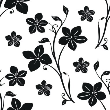 Beyaz arka planda siyah çiçekli desenler içeren kusursuz bir vektör deseni. Şablon çeşitli çiçek ve yaprakları içeriyor, şık ve zarif bir görünüm yaratıyor..