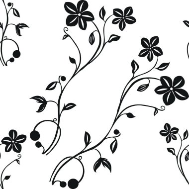 Beyaz arka planda zarif siyah çiçekli desenler içeren kusursuz bir vektör deseni. Şekil stilize çiçekler, yapraklar ve böğürtlenleri içeriyor, narin ve sanatsal bir görünüm yaratıyor..