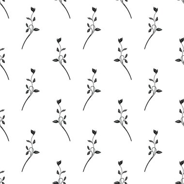 İnce siyah çizgi çizimlerini içeren pürüzsüz bir vektör deseni, beyaz arkaplanda küçük yapraklar ve tomurcuklar içerir..
