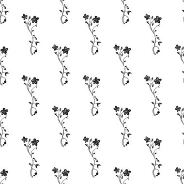 Beyaz arka planda zarif siyah çiçekli desenler içeren kusursuz bir vektör deseni. Şablon küçük çiçekler ve yaprakları içeriyor, minimalist ve zarif bir görünüm yaratıyor..