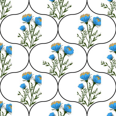 Sarı merkezli ve yeşil yapraklı mavi çiçekli, beyaz arkaplanda ogee şekilli, pürüzsüz bir çiçek deseni..