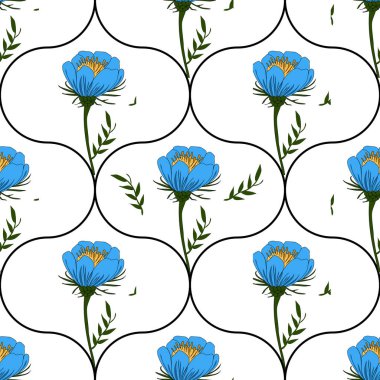 Sarı merkezli mavi çiçekler ve beyaz arka planda yeşil yapraklar içeren kusursuz bir çiçek deseni. Tasarım ogee şekillerinde düzenlenmiştir..