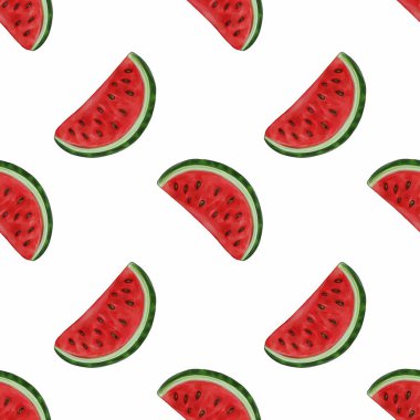 Beyaz arka planda karpuz dilimleri olan kusursuz bir desen. Karpuz dilimleri kırmızı et ve yeşil kabukla canlı, siyah tohumlar sergiliyor..