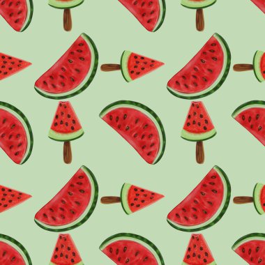 Pastel Green arka planında çeşitli dilimler ve karpuz şekerlerinden oluşan kusursuz bir desen. Tasarım, yeşil kabuklu ve siyah tohumlu canlı kırmızı karpuz eti sergiliyor..
