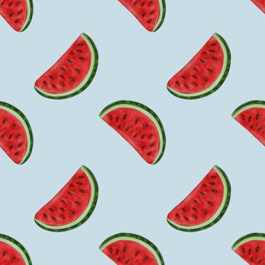 Pastel Blue arka planında karpuz dilimleri olan kusursuz bir desen. Karpuz dilimleri kırmızı et ve yeşil kabukla canlı, siyah tohumlar sergiliyor..