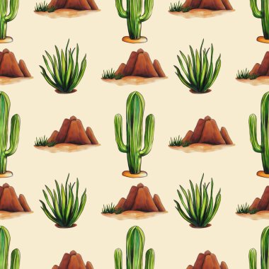 Kaktüslü, kayalık tepeli ve Pastel sarısı arka planda yeşil bitkilerle çöl manzaraları içeren pürüzsüz bir desen..