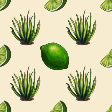 Pastel sarısı arka planda yeşil limon ve aloe vera bitkilerinden oluşan pürüzsüz bir desen. Limonlar bütün ve dilimlenmiş haldeyken aloe vera bitkileri canlı yeşil yapraklarla betimlenir..