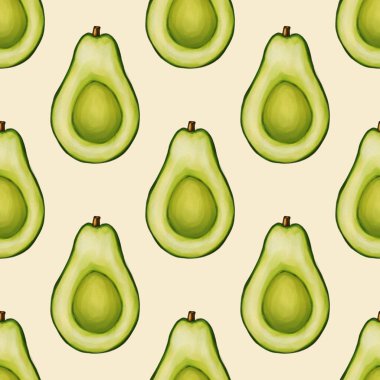 Kesilmiş avokadoların Pastel sarısı arka planda canlı yeşil bir renge sahip kusursuz bir desen..