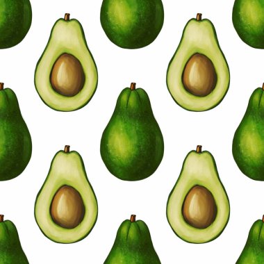Avokadolar ve yarım avokadolar içeren, beyaz arka planda kahverengi bir çukur oluşturan pürüzsüz bir desen. Tasarım avokadoların canlı yeşil rengini gösteriyor.
