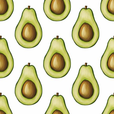 Kahverengi çukurlarıyla dilimlenmiş avokadoların bembeyaz arka planda tekrarlayan bir dizaynı var..