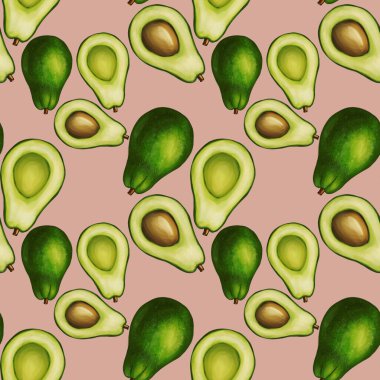 Pastel Green arka planında çeşitli avokado çizimlerini içeren kusursuz bir desen. Avokadolar yeşilin farklı tonlarında tasvir edilir..