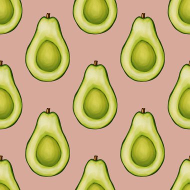 Kesilmiş avokadoların Pastel Green arka planına karşı canlı yeşil bir renge sahip kusursuz bir desen..