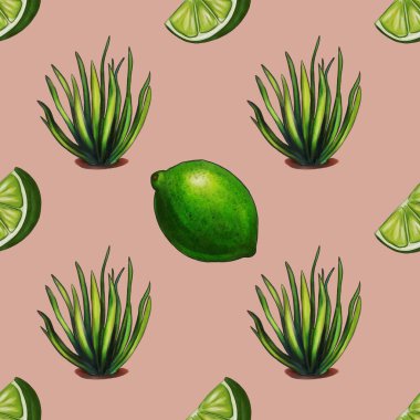 Yeşil limon ve Pastel Green arka planında aloe vera bitkilerinden oluşan kusursuz bir desen. Limonlar bütün ve dilimlenmiş haldeyken aloe vera bitkileri canlı yeşil yapraklarla betimlenir..