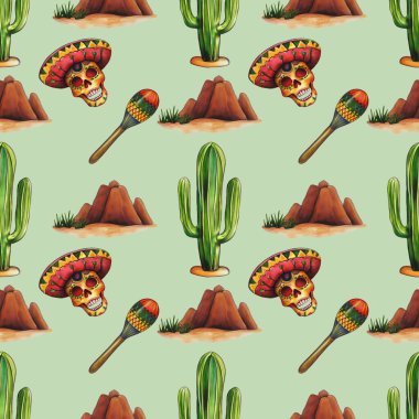 Geleneksel Meksika elementleri içeren canlı bir şablon: sombrerolu renkli kafatasları, kaktüs, marakas ve çöl dağları, hepsi Pastel Green arka planında.