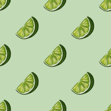 Pastel Green arka planında dilimlenmiş kireç parçaları olan pürüzsüz bir desen. Limonlar canlı yeşil, parlak bir dokusu var, sulu bölümlerini sergiliyorlar..