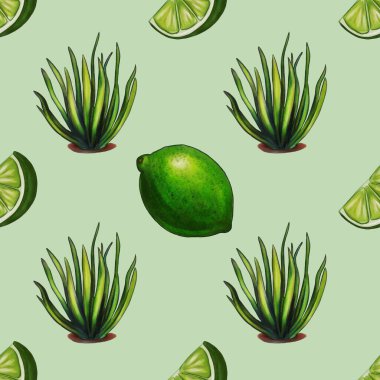 Yeşil limon ve Pastel Green arka planında aloe vera bitkilerinden oluşan kusursuz bir desen. Limonlar bütün ve dilimlenmiş haldeyken aloe vera bitkileri canlı yeşil yapraklarla betimlenir..