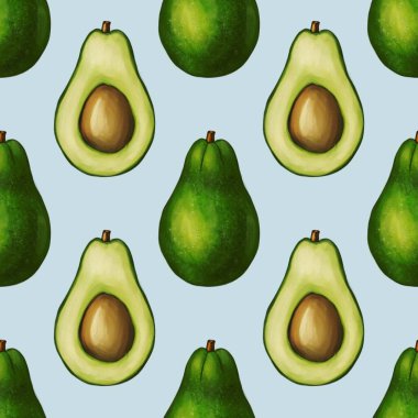 Avokadolar ve yarım avokadolar içeren kusursuz bir desen. Kahverengi bir çukur ve Pastel Blue arka planında. Tasarım avokadoların canlı yeşil rengini gösteriyor.
