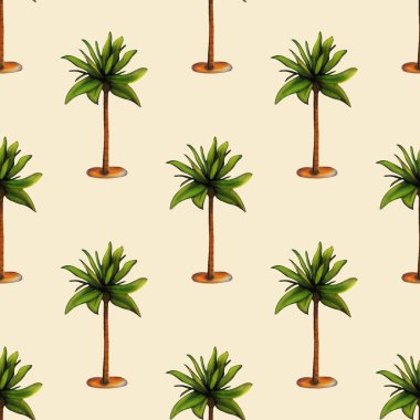 Pastel sarısı arka planda yeşil yapraklı ve kahverengi gövdeli stilize palmiye ağaçları içeren pürüzsüz bir desen..