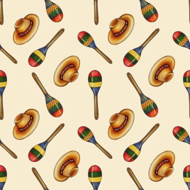 Pastel sarısı arka planda renkli marakalar ve sombrerolardan oluşan pürüzsüz bir desen. Marakalar canlı renklerle süslenmiş ve sombreroların geleneksel bir tasarımı var..
